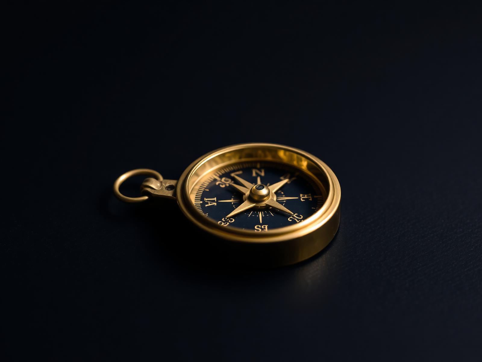 Brass compass on dark surface